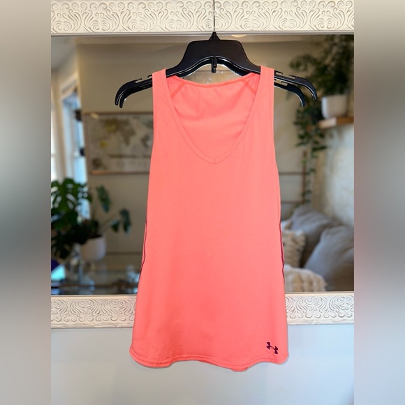 Under Armour Workout Performance Top - Bright Neon Coral Pink/Orange w/ Purple M - Picture 13 of 14